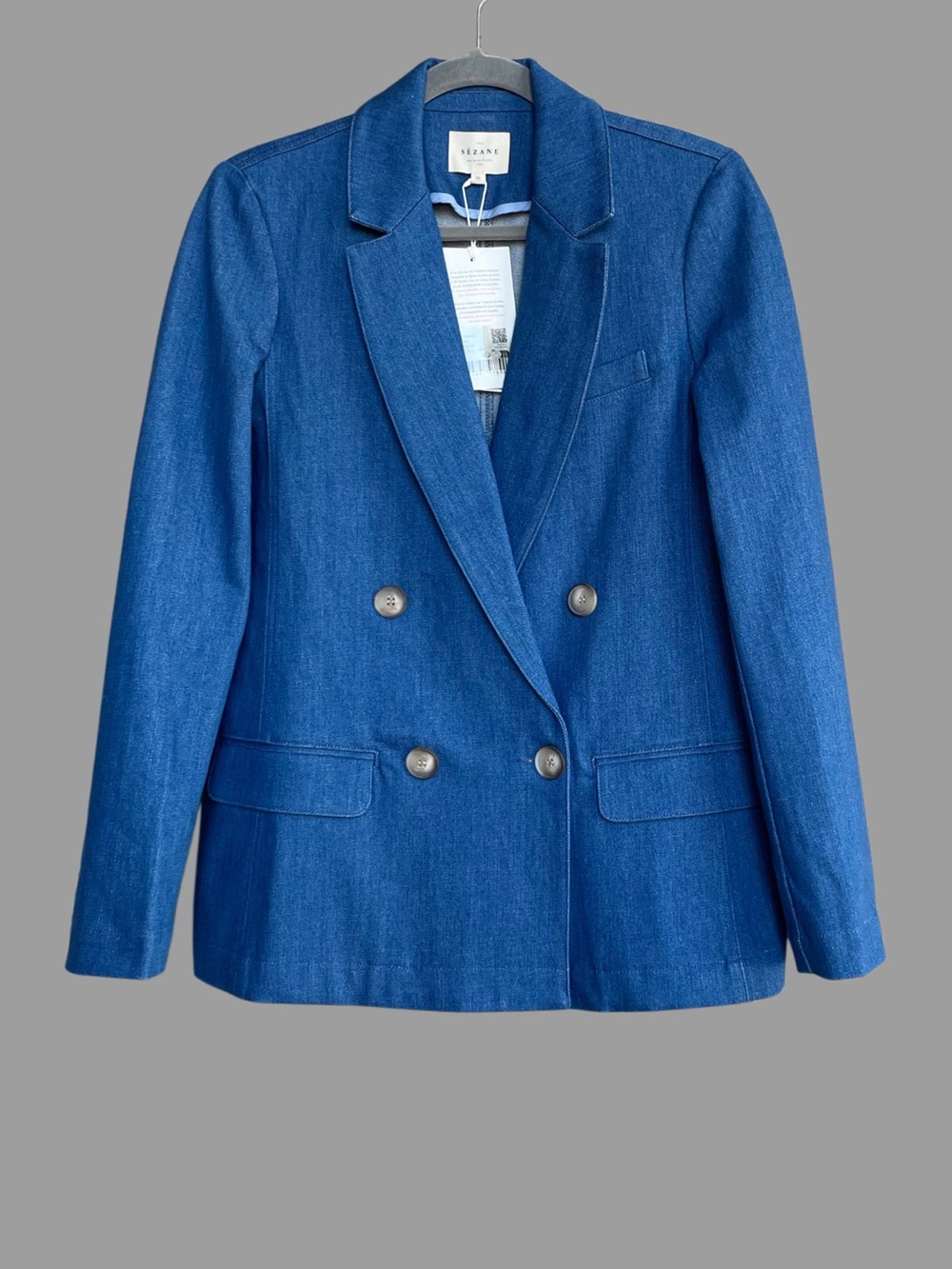 SEZANE NWT Blue Denim Cotton Double Breasted Lapels Blazer Christie Suit Jacket - Picture 3 of 17